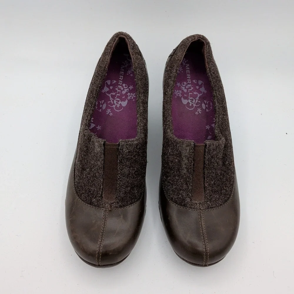 Merrell Tulip Espresso Brown Leather Wool Wedge Slip On Shoes Vibram Womens‎ 7